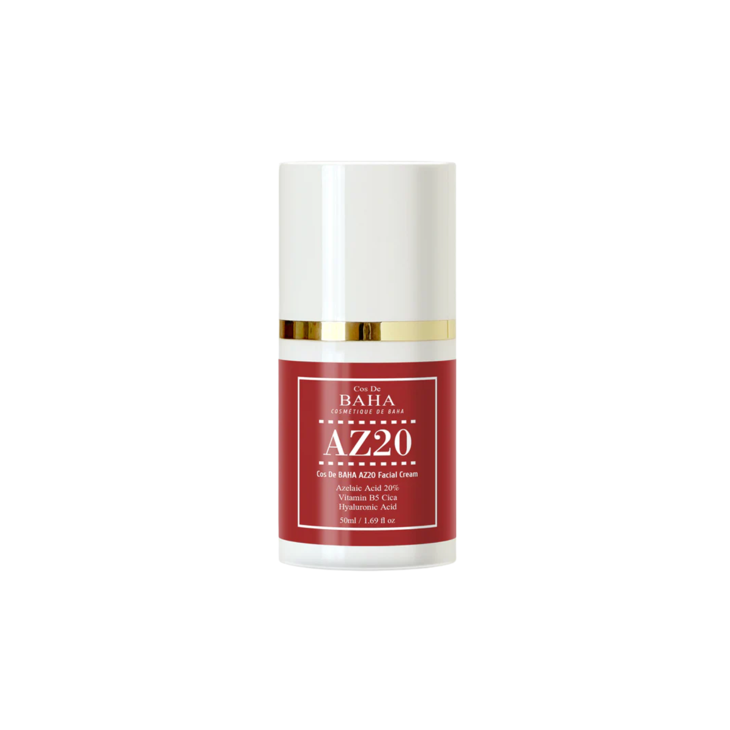 COS DE BAHA (AZ20) Azelaic Acid MSM CICA Cream is a targeted nighttime cream designed to improve the look of acne, redness, uneven skin tone, and post-blemish discoloration. Formulated with 20% Azelaic Acid, MSM, Centella Asiatica Extract, Madecassoside, Panthenol, and Allantoin, it helps calm irritation while supporting a clearer, smoother-looking complexion. Hyaluronic Acid and Ceramide NP help maintain hydration and strengthen the skin barrier, so the skin feels balanced and comfortable.